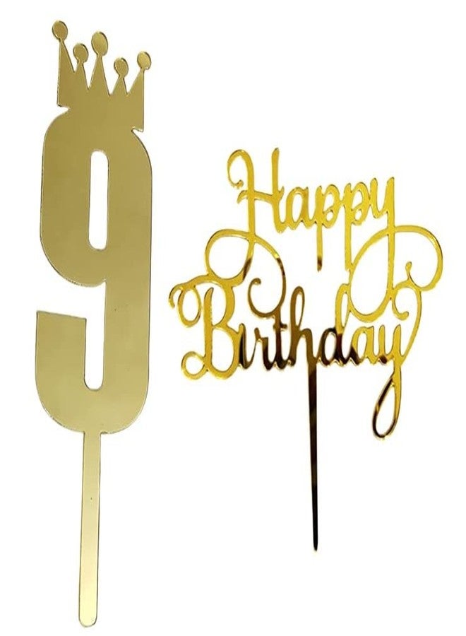 موريل زينة كعكة موريل الذهبية اللون رقم 9 مع زينة عيد ميلاد سعيد لتزيين كعكة عيد ميلاد الأطفال، أعلام للبنات/الأولاد/الأطفال. - Image 1